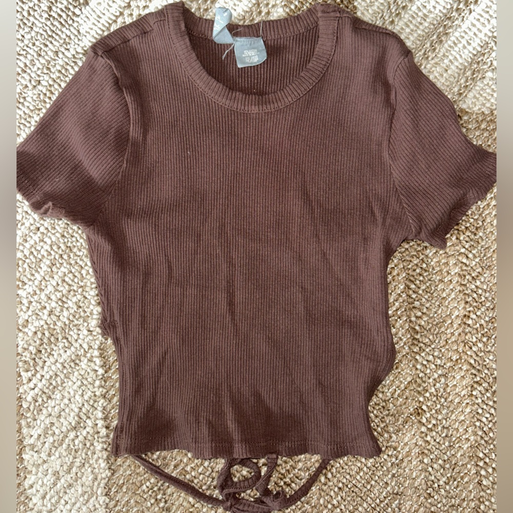 Brown Ribbed Short Sleeve Top